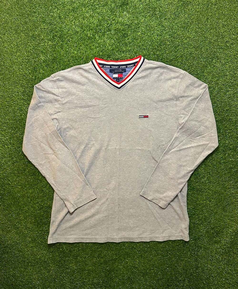 Vintage 1990s Tommy Jeans V-Neck Long Sleeve Shirt Size XL Gray